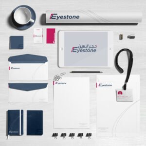 Eyestone marketing branding Oman logo and stationery mockup showcasing bold typography and cohesive color system.