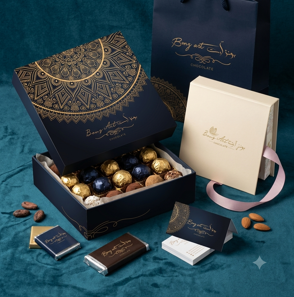 BonzArt chocolate store branding design showing premium logo and visual identity system for Oman retail market