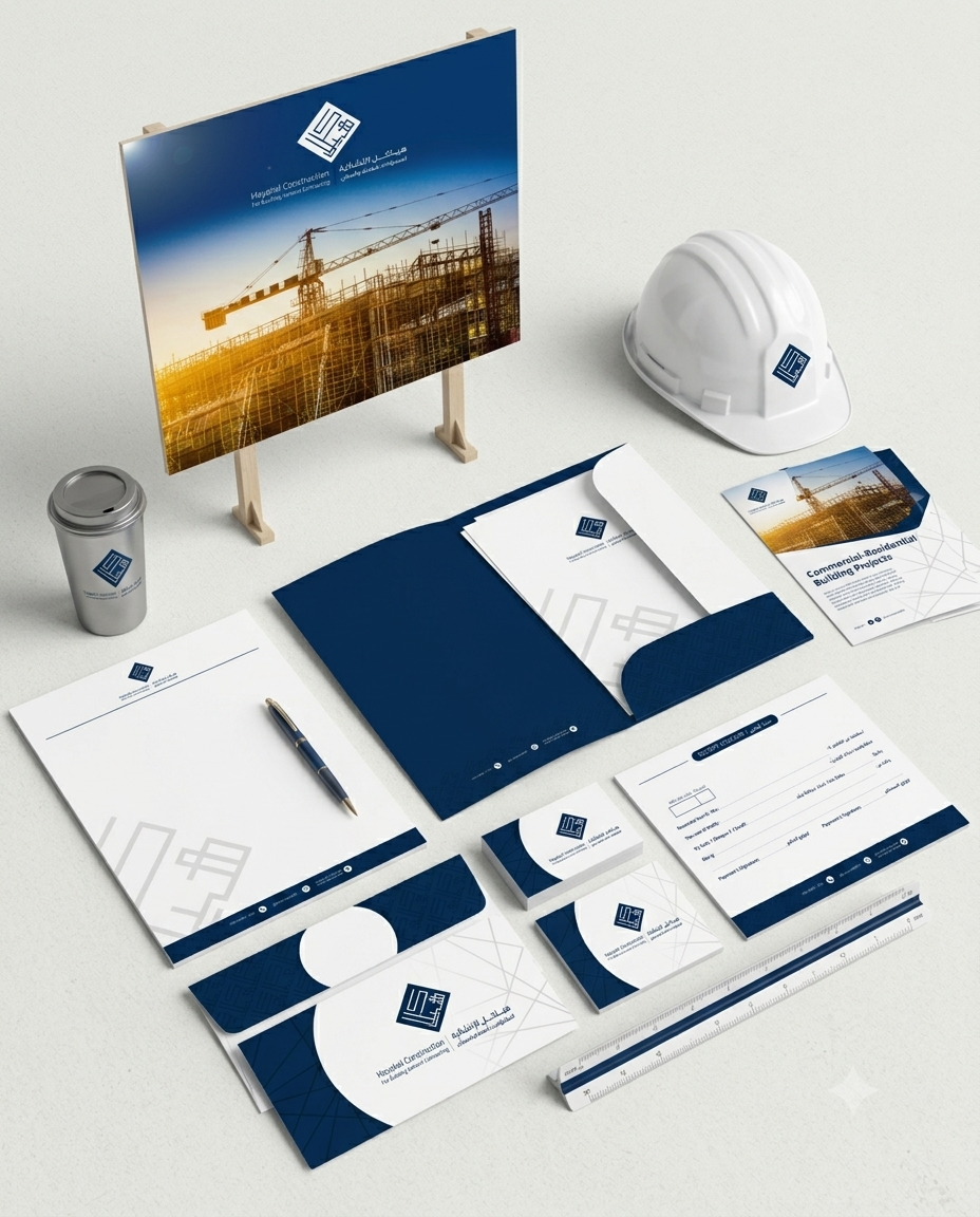 Hayakel construction company branding design showcasing professional logo and visual identity system for construction firms in Oman