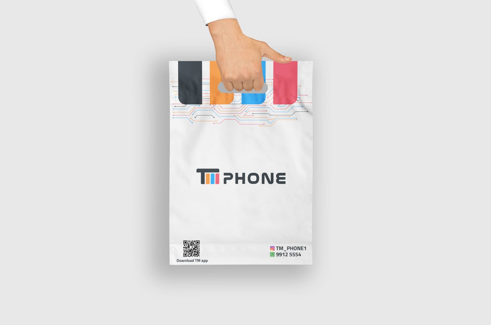 Professional phone electronics shop bag mockup design showcasing custom retail packaging for electronics store branding in Oman