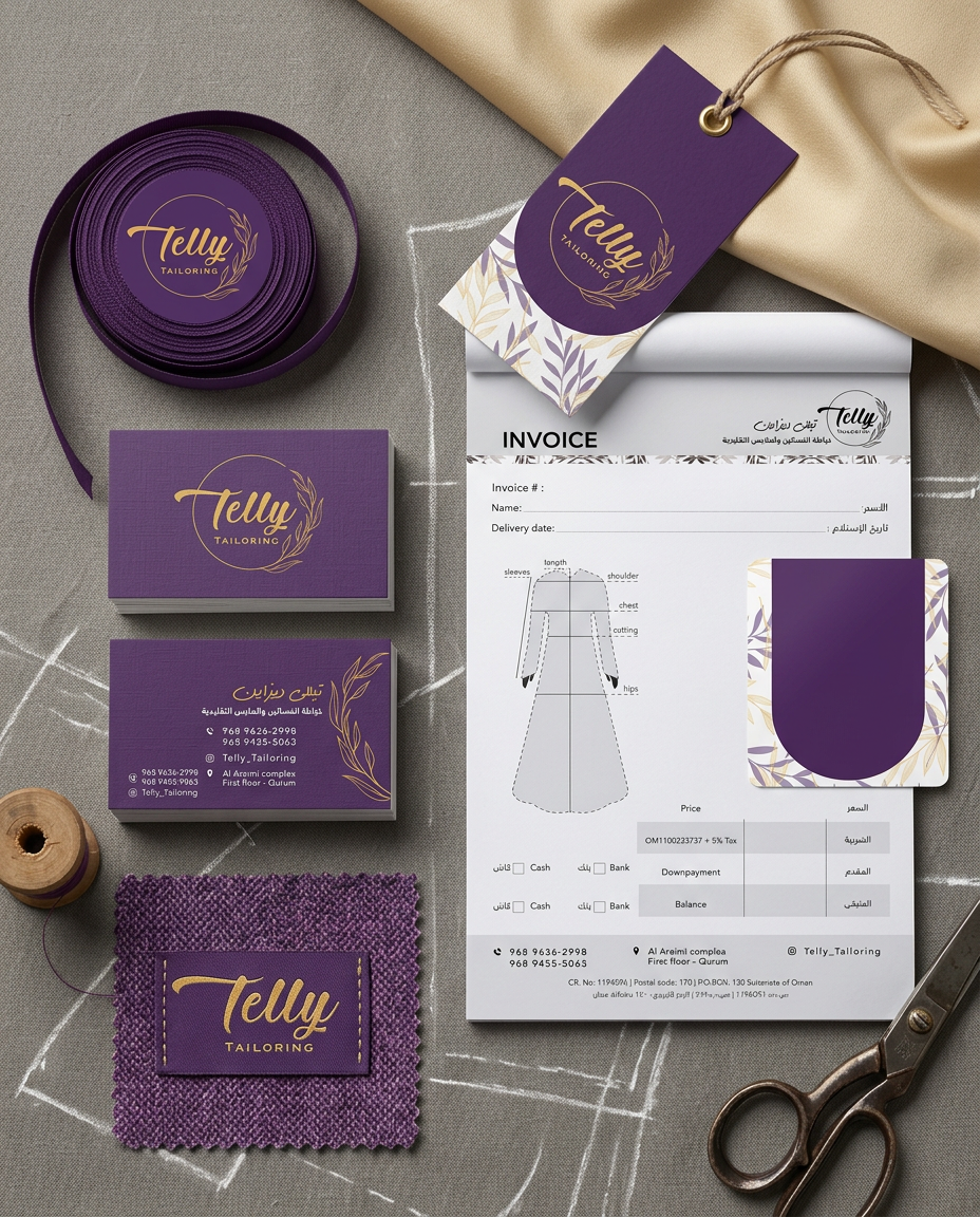 Telly Tailoring branding kit design Oman featuring logo, color palette, and brand guidelines for fashion apparel business